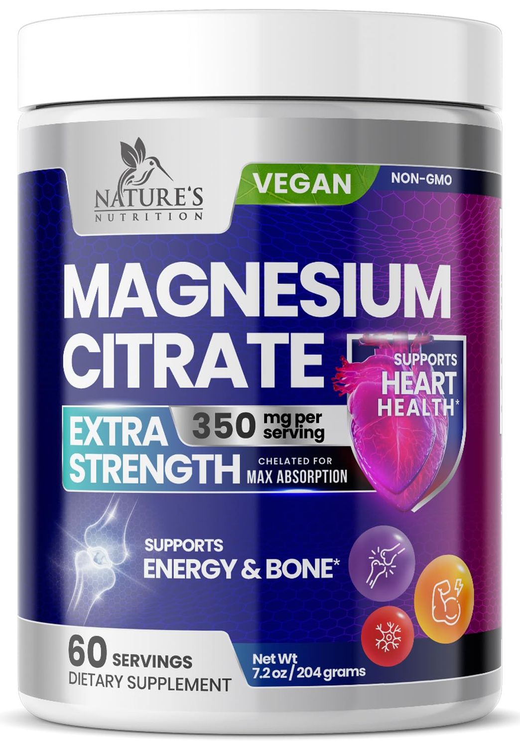 Magnesium Supplement Powder 350mg, High Absorption Magnesium Citrate Drink Mix, No-Flavor Versatility, Supports Energy, Bone, Muscle Whole Body Health, Gluten-Free Vegan Non-GMO - 60 Servings