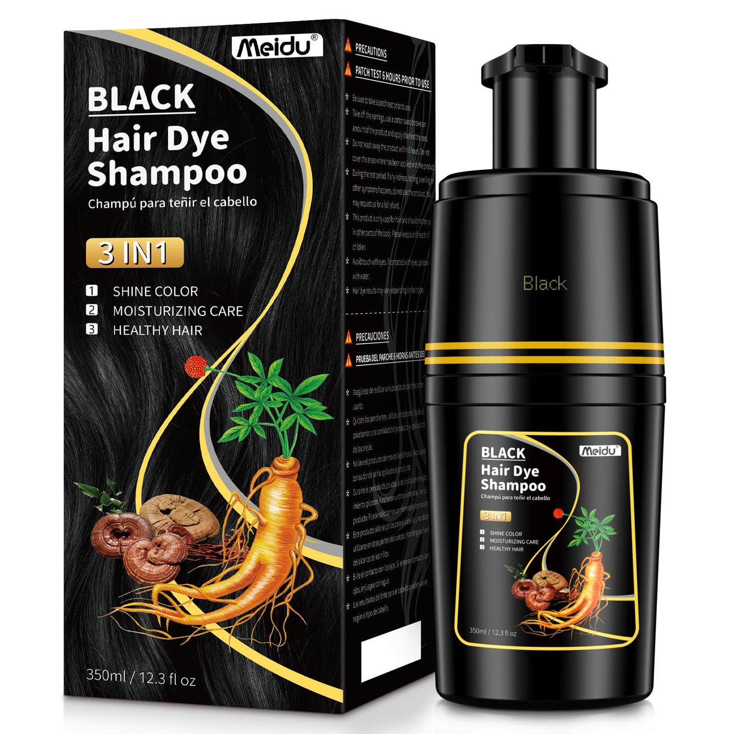IIIMEIDU Black Hair dye Shampoo 3 in 1, Natural Hair Color Shampoo for Gray Hair, Shampoo Tinte Para el Cabello for Women and Men 100 Grey Hair Coverage, 350ml