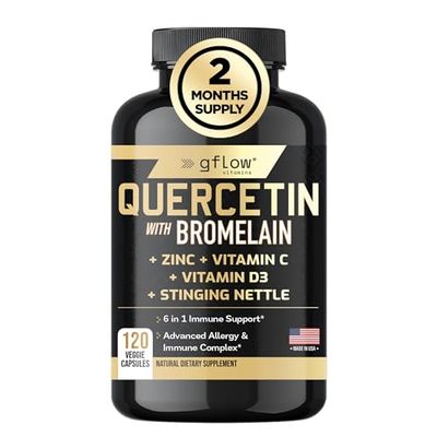 Quercetin with Vitamin C and Zinc - Quercetin 500mg - Quercetin with Bromelain - Zinc Quercetin - Stinging Nettle -120 Veggie Caps. Quercetin Supplements Vitamin D3 (Non-GMO, Gluten-Free, Vegan)