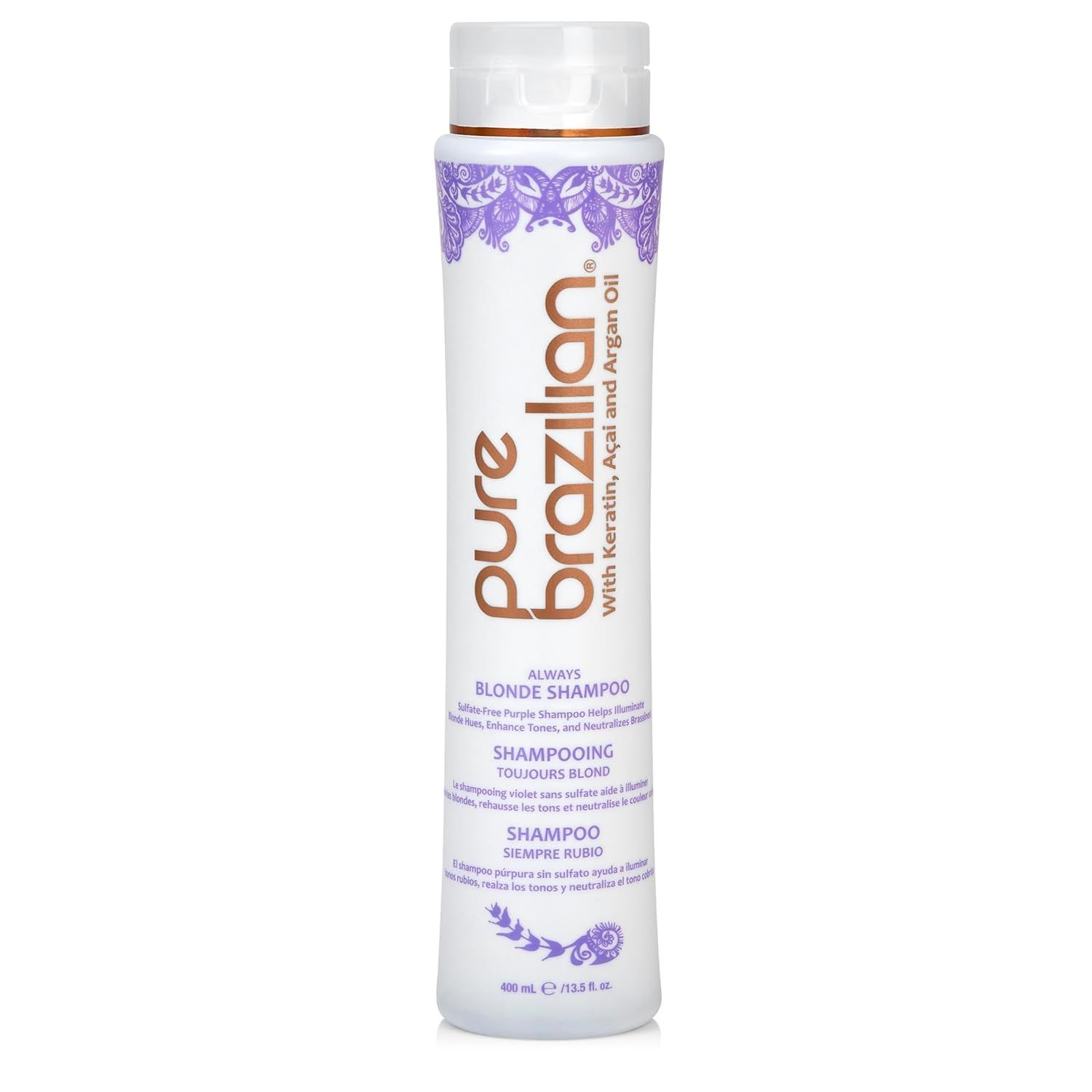 Pure Brazilian Always Blonde Shampoo with Keratin, Acai Argan Oil, Purple Shampoo for Color-Treated Hair, Sulfate-Free, 13.5 Fl Oz
