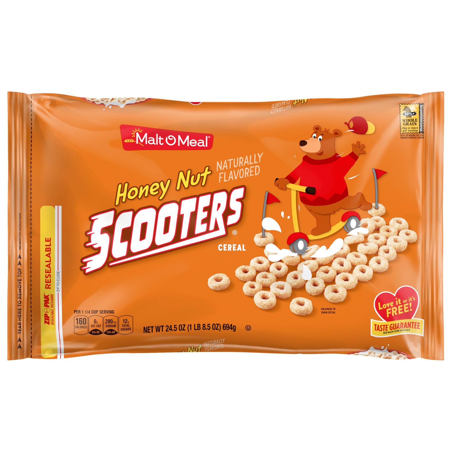 Malt-O-Meal Honey Nut Scooters Breakfast Cereal, Oat Cereal O&#39;s with Honey Flavor, Large Cereal for Family, 24.5 OZ Resealable Cereal Bag