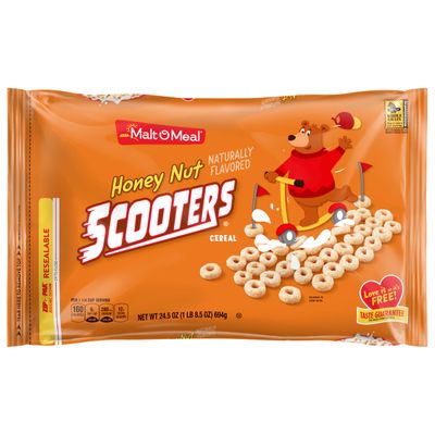 Malt-O-Meal Honey Nut Scooters Breakfast Cereal, Oat Cereal O&#39;s with Honey Flavor, Large Cereal for Family, 24.5 OZ Resealable Cereal Bag