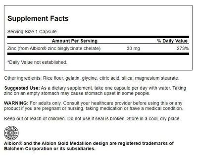 Swanson Albion Chelated Zinc Glycinate 30 Milligrams 90 Capsules