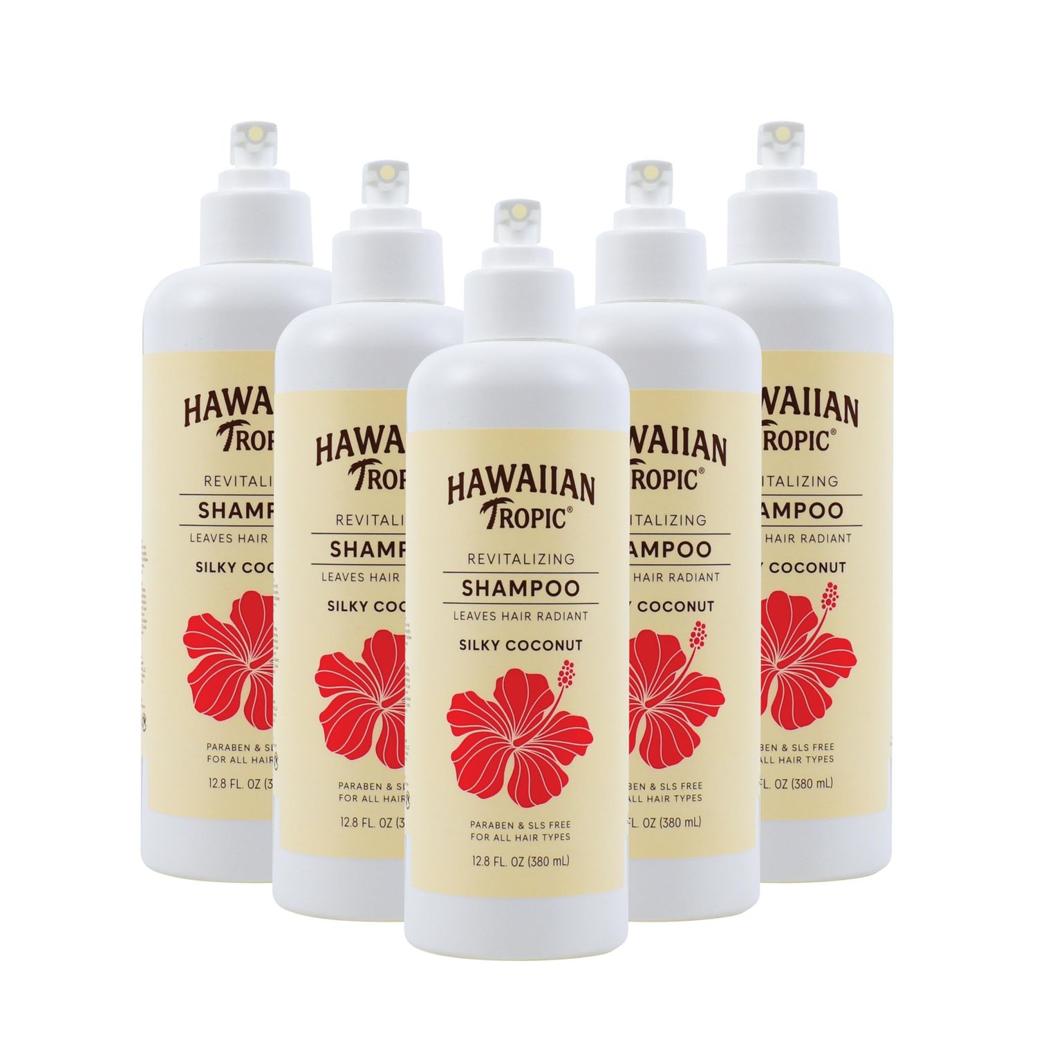 Hawaiian Tropic Revitalizing Shampoo 5 Pack, 380ml Bottle, Silky Coconut Scent, SLS Free,Paraben Free, Hotel Bathroom Amenities, Bulk Size, Air Bnb, Guest Bathroom Essentials, Airbnb
