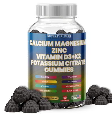 Sugar Free Calcium Gummies for Kids Adults Citrate Magnesium Glycinate Potassium Vitamin D3 K2 B2 B6 C Irish Sea Moss Ashwaghanda L-Theanine Boron Zinc Gummies for Muscles, Cellular Energy