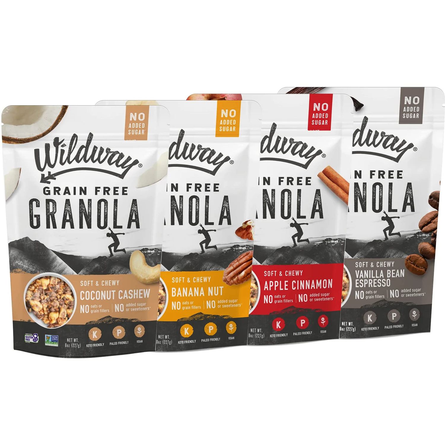 Wildway Keto Granola Variety Pack Grain-Free, Certified Gluten-Free Cereal Vegan, Low Carb No Sugar Added Paleo-Friendly Non-GMO Fruit Nut Clusters Nutrient-Rich Snack 8 oz, 4 Pack