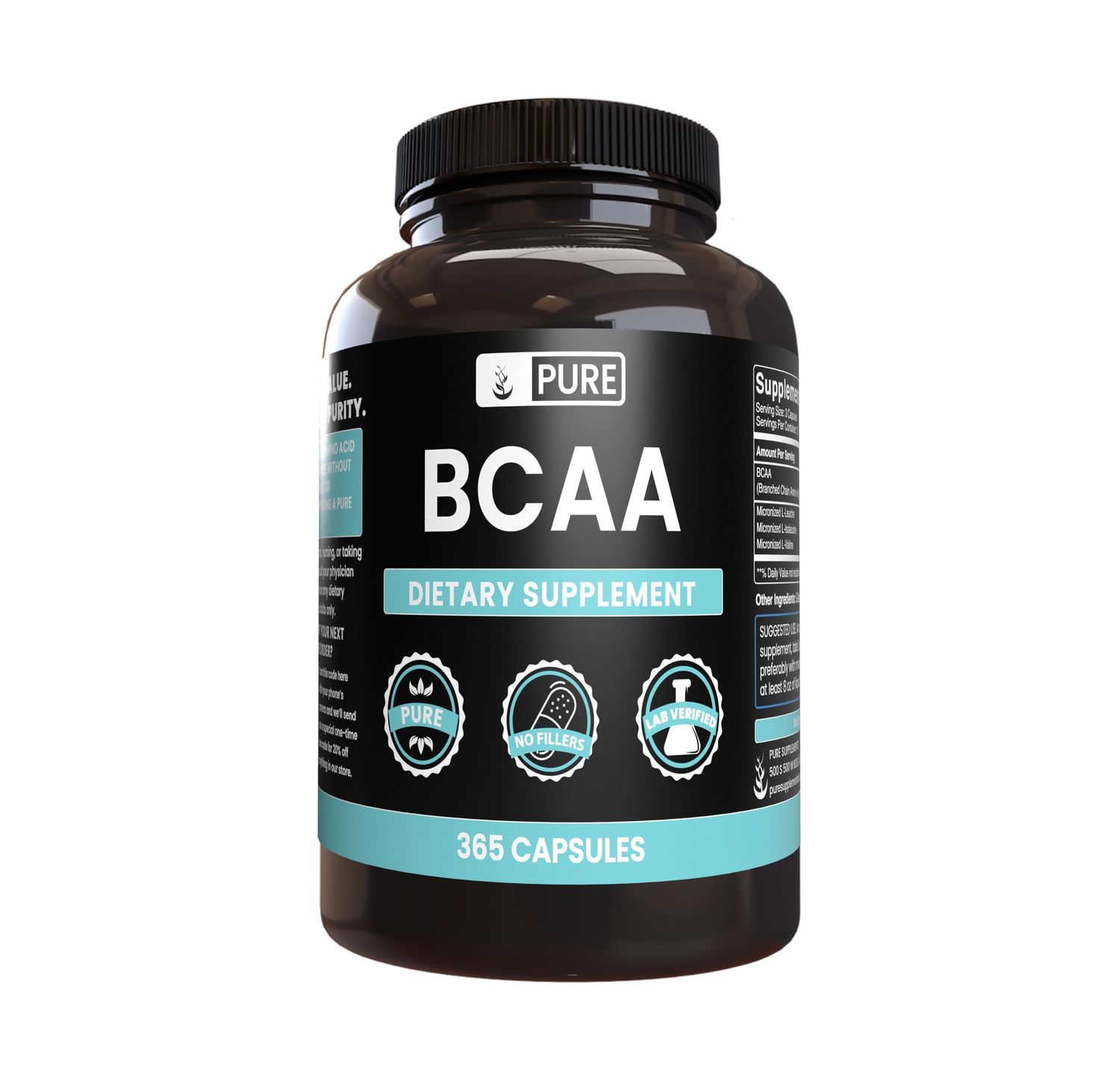 Pure Original Ingredients BCAA No Magnesium Or Rice Fillers, Always Pure, Lab Verified (365 Capsules)