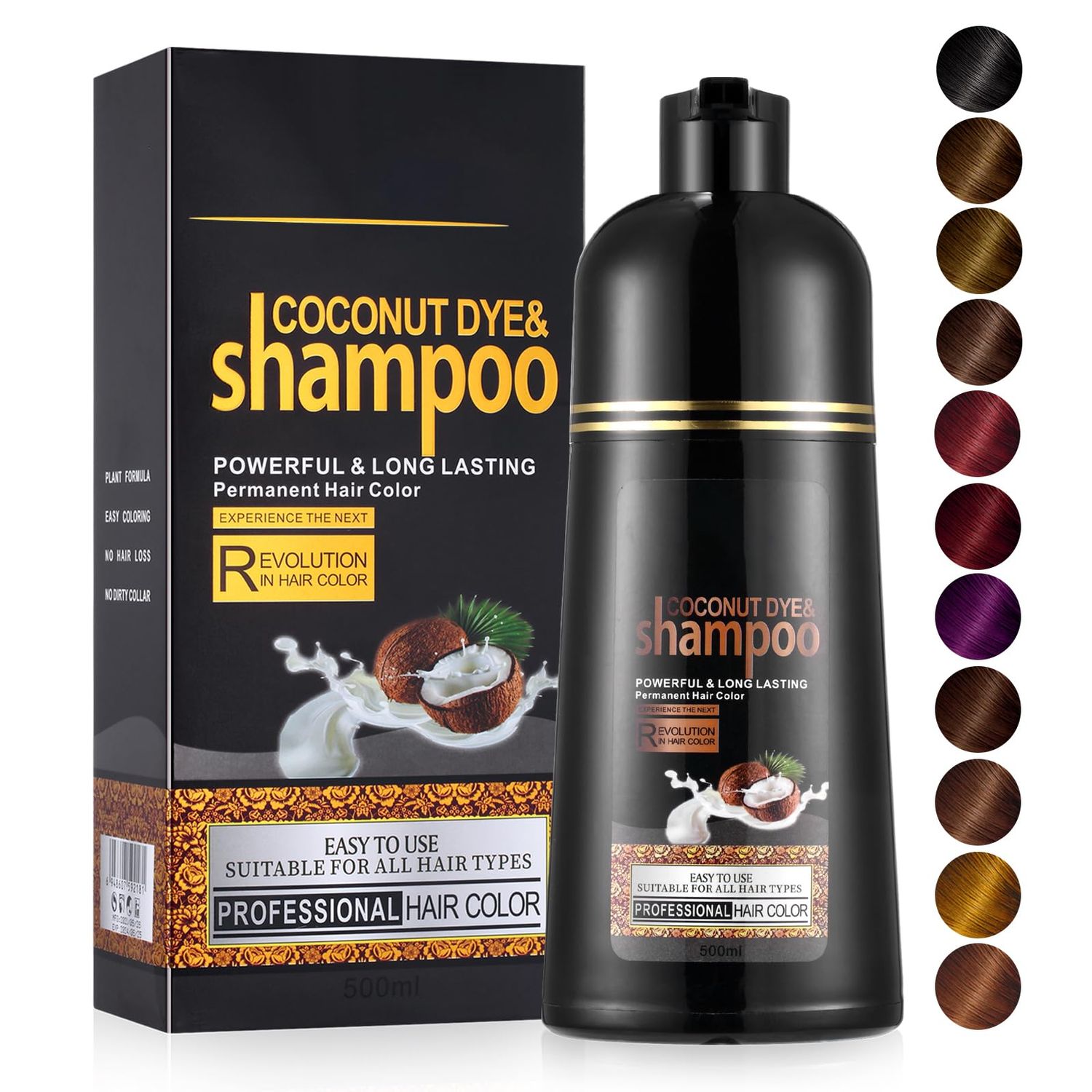 Fedulili 3-in-1 Coconut Hair Dye Shampoo for Gray Hair Coverage - 16.9 Fl Oz Long-Lasting Herbal Brown Hair Color for Men and Women