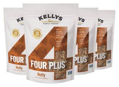 Kelly&#39;s Four Plus Granola (Nutty) Healthy Granola Cereal with Whole Grain Oats, Honey, Maple Syrup - Non-GMO, Low Sugar, Sodium Free and Gluten Free Granola for Yogurt - 12oz (Pack of 4)