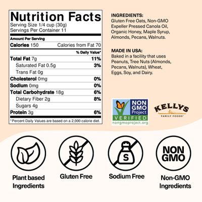 Kelly's Four Plus Granola (Nutty) Healthy Granola Cereal with Whole Grain Oats, Honey, Maple Syrup - Non-GMO, Low Sugar, Sodium Free and Gluten Free Granola for Yogurt - 12oz (Pack of 4)