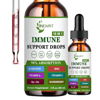 JINGYAT Zinc Quercetin with Bromelain Vitamin C D3 Liquid Drops Immune Support with Vitamin A K2 Echinacea Chlorophyll and Elderberry - 10 in1 Immune Defense Drops Complex for Immunity Health