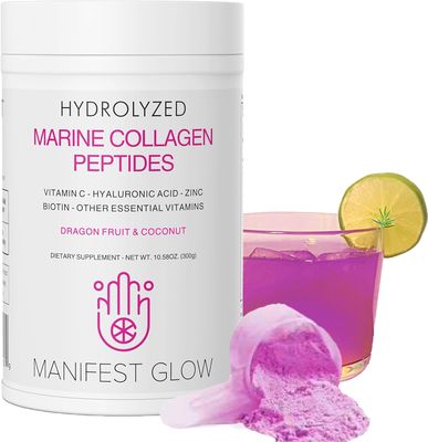 Manifest Glow Marine Collagen Peptides - Dragon Fruit, Coconut Water, Pineapple - Vitamin C Hyaluronic Acid Copper Zinc Biotin Niacin D3 B-Complex - Hair Skin Nails, 30 Servings