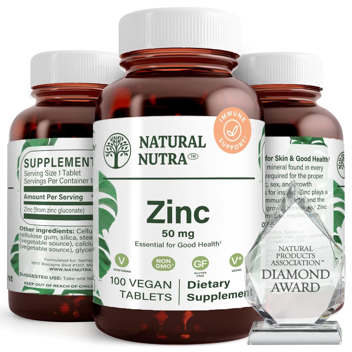 Natural Nutra Zinc Gluconate 50mg Supplement for Immune Support, Promotes Skin Health, Provides Ease From Flu Cold, Boost Learning Memory, Enhance Taste Smell, Gluten Free 50mg 100 Vegan Tablets