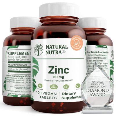 Natural Nutra Zinc Gluconate 50mg Supplement for Immune Support, Promotes Skin Health, Provides Ease From Flu Cold, Boost Learning Memory, Enhance Taste Smell, Gluten Free 50mg 100 Vegan Tablets