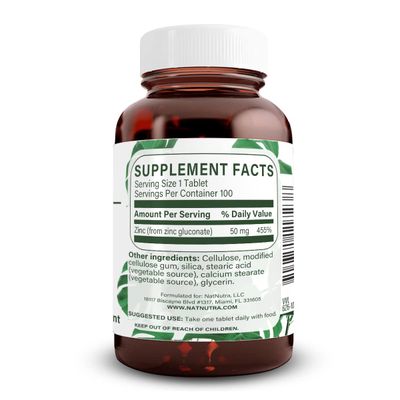 Natural Nutra Zinc Gluconate 50mg Supplement for Immune Support, Promotes Skin Health, Provides Ease From Flu Cold, Boost Learning Memory, Enhance Taste Smell, Gluten Free 50mg 100 Vegan Tablets