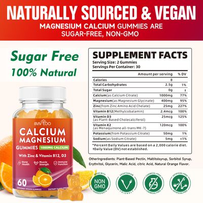 2 Pack Calcium Gummies 1000mg with Vitamin D3 K2 B Complex, Potassium, Calcium Magnesium Zinc Gummies for Bone, Muscle, Mood and Immunity - Orange Flavor 120 Gummies