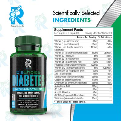 DiaChoice Neuropathy Support with Alpha Lipoic Acid 600 mg, to Fortify Nerve Health Support Healthy Nerve Function, ALA, Co Q10, Magnesium, Zinc, Vitamins B12, B9, B6, B3, B2, B1, D, C, E 5 more