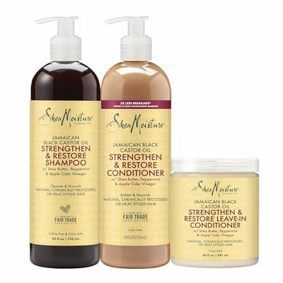 SheaMoisture Strengthen Restore Shampoo, Conditioner Leave-In Bundle Jamaican Black Castor Oil 3 Pack to Cleanse Nourish Dry, Damaged Hair