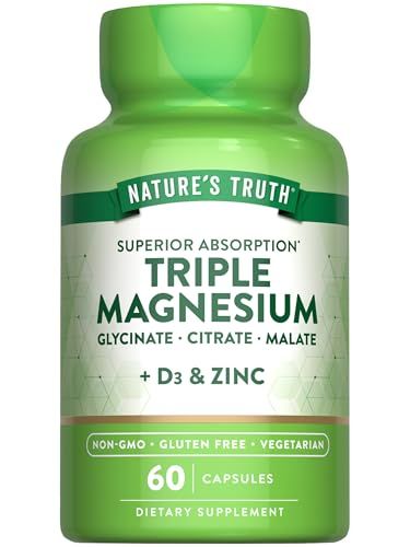Nature&#39;s Truth Triple Magnesium Complex Supplement 60 Capsules Glycinate, Citrate Malate with D3 Zinc Vegetarian, Non-GMO, Gluten Free