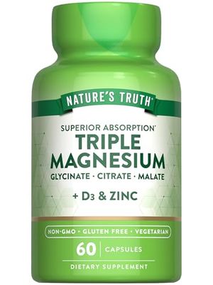 Nature&#39;s Truth Triple Magnesium Complex Supplement 60 Capsules Glycinate, Citrate Malate with D3 Zinc Vegetarian, Non-GMO, Gluten Free