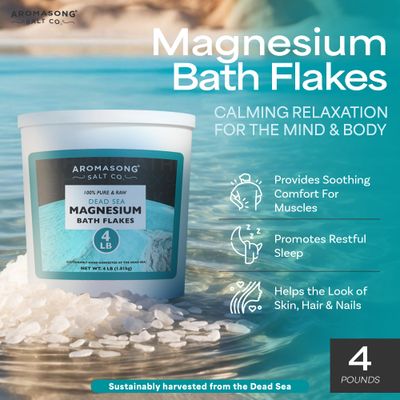 Aromasong Raw Dead Sea Magnesium Flakes for Bath - 4 LB Bulk Bath Salt in Reusable Bucket