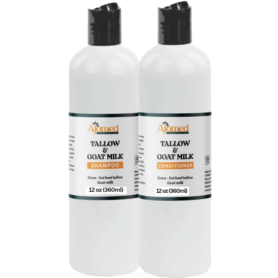 Beef Tallow Goat Milk Shampoo and Conditioner Set - Handmade Hair Care for Thinning Relief, Sea Moss Shampoo and Conditioner, Thickening Formula for Hair Regrowth Str (Shampoo Conditioner 12 Oz)