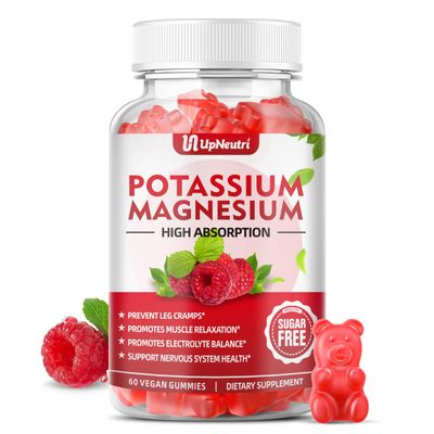 Potassium Magnesium Supplement Gummies for Adults Kids, Sugar-Free Potassium Citrate Gummies Supports Leg Cramps Muscle Heart Health, Vegan Magnesium Glycinate Gummies Raspberry Flavor 60 Cts