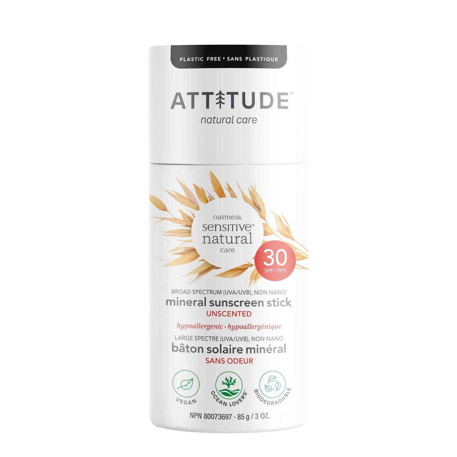 ATTITUDE Plastic-Free Mineral Sunscreen Stick for Sensitive Skin, Broad Spectrum UVAUVB with Zinc Oxide, Hypoallergenic, Vegan and Cruelty-free, SPF 30, 3 Ounces
