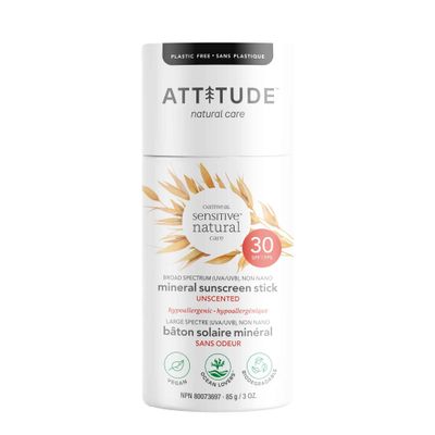 ATTITUDE Plastic-Free Mineral Sunscreen Stick for Sensitive Skin, Broad Spectrum UVAUVB with Zinc Oxide, Hypoallergenic, Vegan and Cruelty-free, SPF 30, 3 Ounces