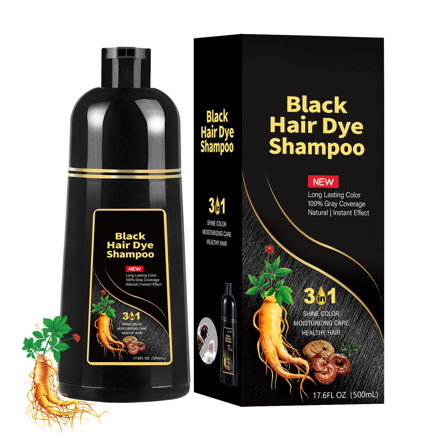 Black Hair Dye Shampoo 3 in 1 100 Gray Coverage Black Hair Color Shampoo Gives You Long-Lasting Color and Instant Effect No More Spending Time and Money Going to the Salon to Color Your Hair.(500mL)