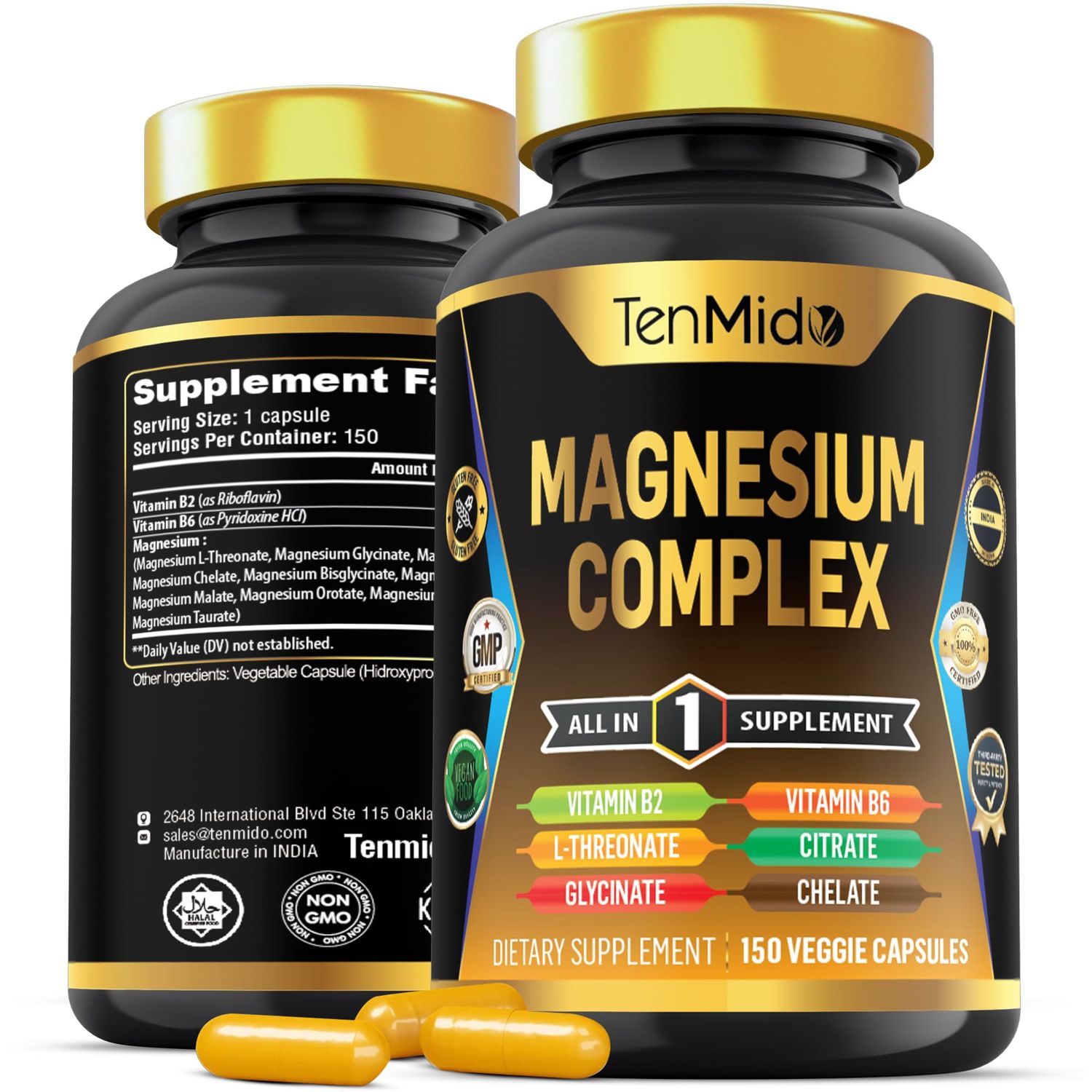 Tenmido Magnesium Complex Supplement - Combine 10 Types of Magnesium: Glycinate, L-Threonate, Citrate, Chelate, Bisglycinate, Oxide, Malate, Orotate, Aspartate, Taurate - 150 Capsules for 5 Months