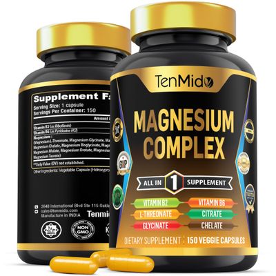 Tenmido Magnesium Complex Supplement - Combine 10 Types of Magnesium: Glycinate, L-Threonate, Citrate, Chelate, Bisglycinate, Oxide, Malate, Orotate, Aspartate, Taurate - 150 Capsules for 5 Months