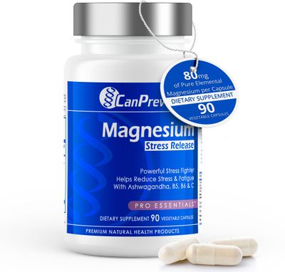 CanPrev Magnesium Bisglycinate with Ashwagandha, B5, B6 Vitamin C, 90 Veg Caps, 30-Day Supply, Support Restful Nights Relaxation, Helps Energy Immnue Function, Vegan, Non-GMO, Dairy, Soy, Gluten