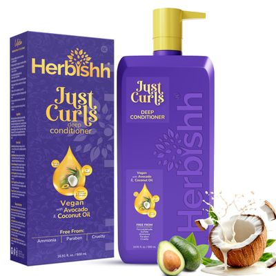 Herbishh Just Curls Deep Conditioner for Curly, Wavy Hair, 500ml, Avocado Coconut Oil, Vegan, Curlfaction Dry Damaged, Detangler