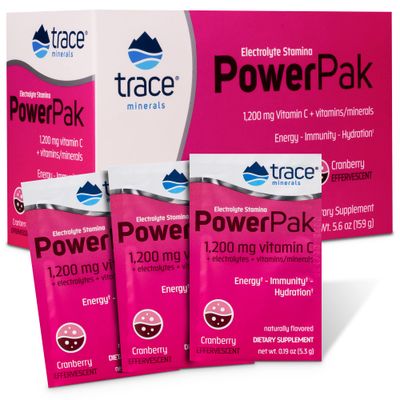 Trace Minerals Power Pak Electrolyte Powder Packets 1200 mg Vitamin C, Zinc, Magnesium Boost Immunity, Hydration and Natural Energy Cranberry 30 Packets