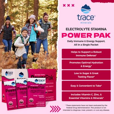 Trace Minerals Power Pak Electrolyte Powder Packets 1200 mg Vitamin C, Zinc, Magnesium Boost Immunity, Hydration and Natural Energy Cranberry 30 Packets