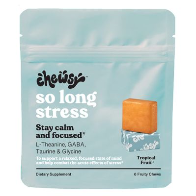 Chewsy So Long Stress, Calm Fruity Chews, Stay Calm Focused. wL-theanine, Amino Acid, GABA, Glycine, Tyrosine, Taurine Magnesium. Non-GMO and Gluten-Free. Tropical Fruity Chews, 6-Day Supply