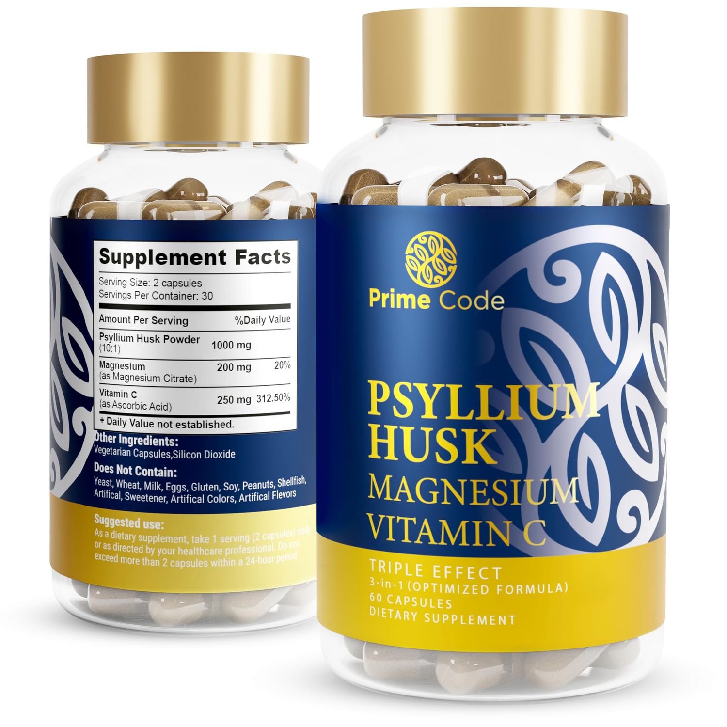 Prime Code 3 Psyllium Husk Capsules with Magnesium Citrate and Vitamin C Psyllium Husk Capsules 1000mg Magnesium Citrate 200mg Vitamin C 250mg Non-GMO Gluten Soy Free Vegan