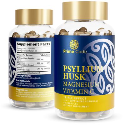 Prime Code 3 Psyllium Husk Capsules with Magnesium Citrate and Vitamin C Psyllium Husk Capsules 1000mg Magnesium Citrate 200mg Vitamin C 250mg Non-GMO Gluten Soy Free Vegan