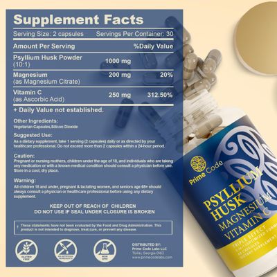Prime Code 3 Psyllium Husk Capsules with Magnesium Citrate and Vitamin C Psyllium Husk Capsules 1000mg Magnesium Citrate 200mg Vitamin C 250mg Non-GMO Gluten Soy Free Vegan