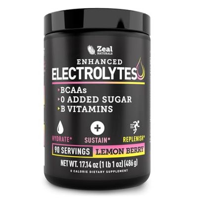 Zeal Naturals Electrolyte Powder Recovery Drink (90 Servings Lemon Berry) w 0 Sugar BCAAs B-Vitamins Electrolyte Supplement w Potassium Zinc Magnesium for Hydration - Keto Electrolytes
