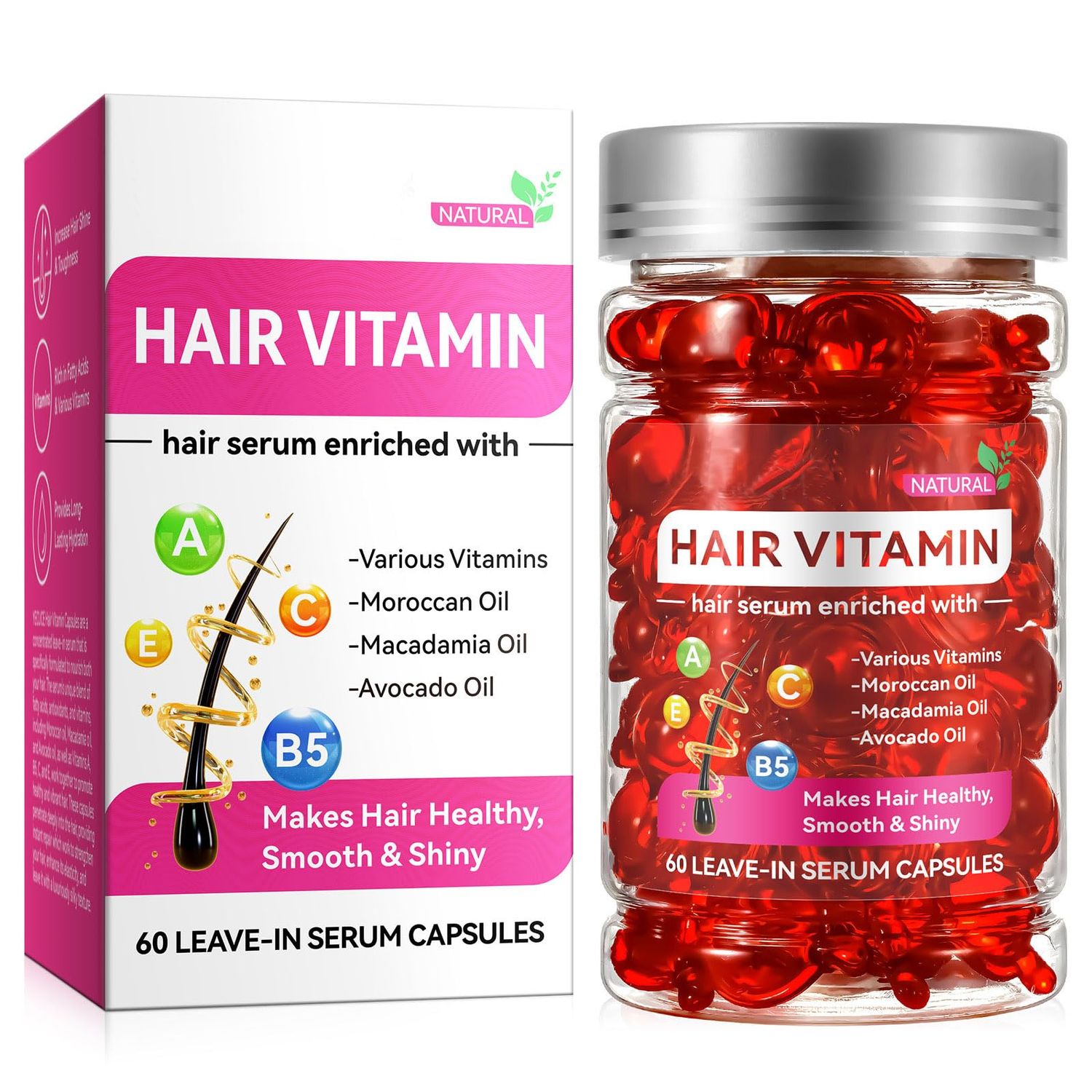 Generic Hair Treatment Serum 60PCS, Hair Vitamins Capsule, Hair Styling Serum for Frizzy Dry Hair, Styling Moisturizing Oil Capsules with Avocado Oils, Leave-in Anti Frizz Conditioner Capsules