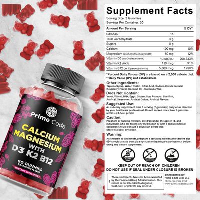 Calcium Gummies for Women Men with Magnesium Vitamin B12 Vitamin K2 Vitamin D3 Calcium Supplement for Adults 100mg, Magnesium Supplement for Adults 50mg Vegan Non-GMO