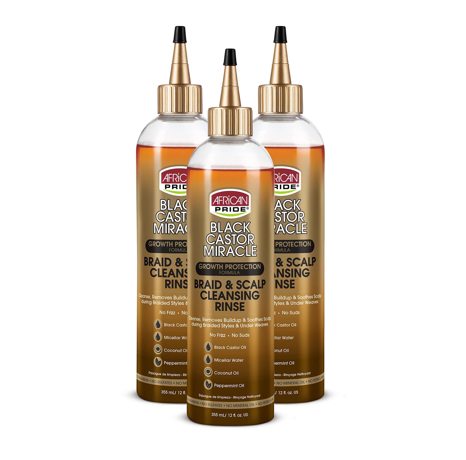African Pride Black Castor Miracle Braid Scalp Cleansing Rinse - Removes Build Up Soothes Scalp, No Frizz, Contains Black Castor Oil, Micellar Water, Coconut Oil, Peppermint Oil, 12 oz (3 Pack)