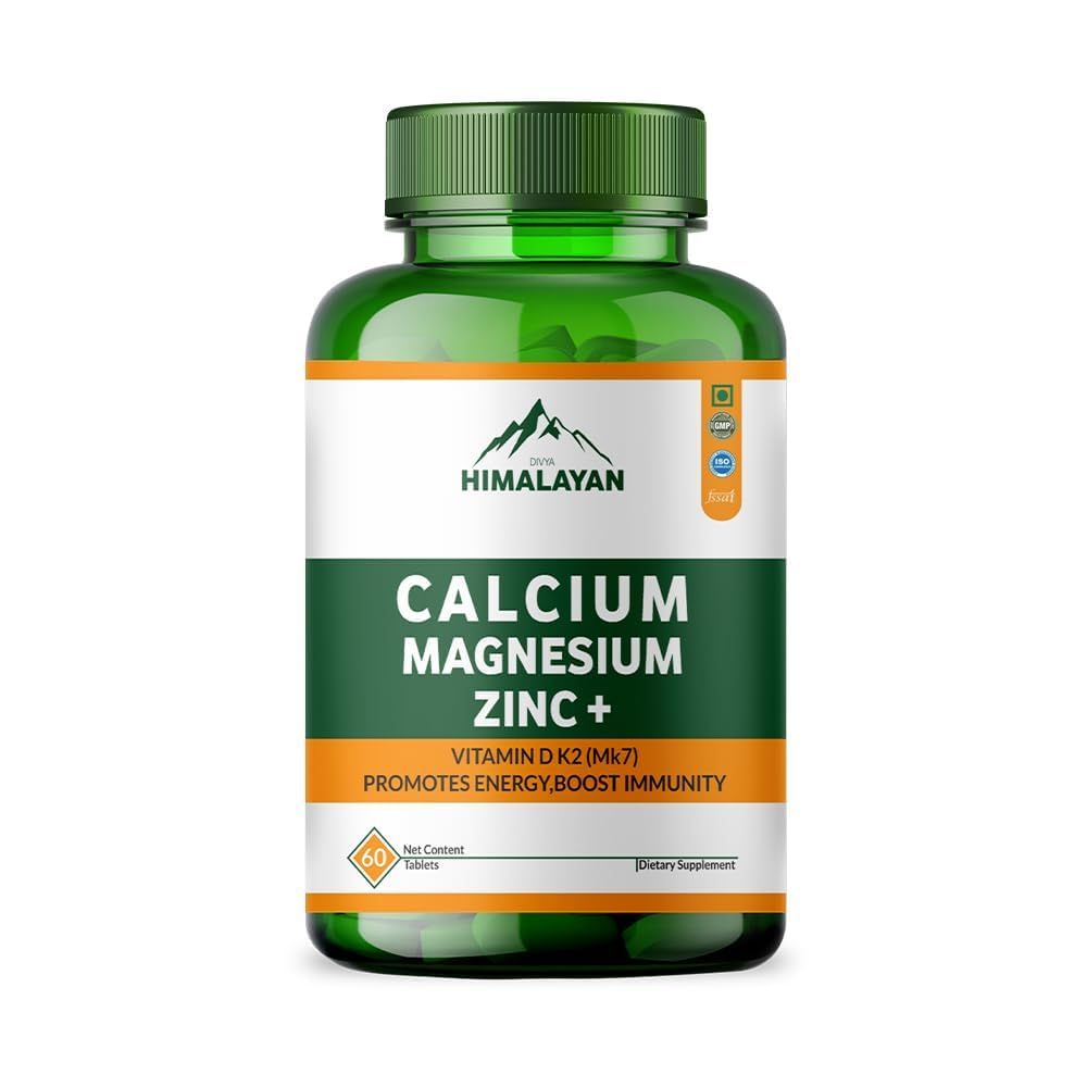 Divya Himalayan Calcium Magnesium Zinc Capsules with Vitamin D3 K2 B12 Calcium Supplement Capsules for Men Women for Muscle Growth Bone Health Joint Support - 60 Veg
