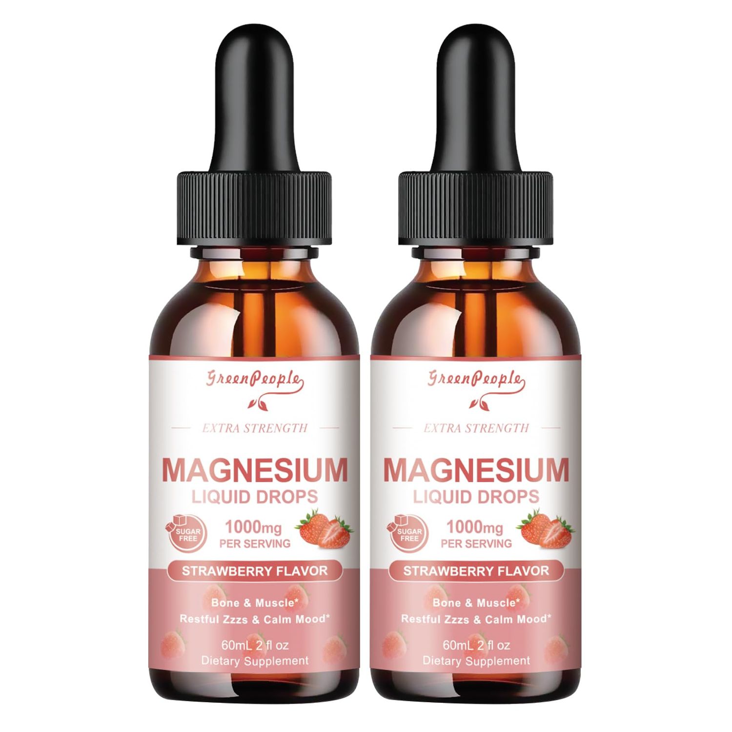 GREENPEOPLE Magnesium Glycinate Liquid Drops - 1000mg 5-in-1 High Absorption Liquid Magnesium Complex with D3K2B6 Fast-Acting, Bone, Muscle Sleep Sugar-Free Strawberry Flavor, 2fl Oz 2 Pack