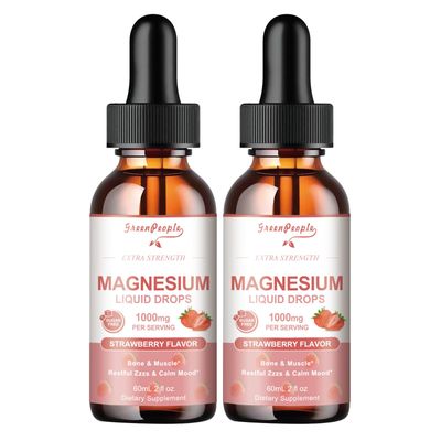 GREENPEOPLE Magnesium Glycinate Liquid Drops - 1000mg 5-in-1 High Absorption Liquid Magnesium Complex with D3K2B6 Fast-Acting, Bone, Muscle Sleep Sugar-Free Strawberry Flavor, 2fl Oz 2 Pack