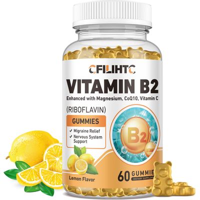 Vitamin B2 Gummies Riboflavin 400mg Supplement for Kids Adults - Magnesium Glycinate, Zinc, CoQ10, Vitamin B12 - Migraine Relief Energy, Nervous System Support, Sugar Free Lemon Flavor, 60ct