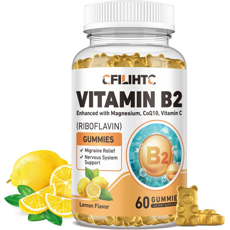 Vitamin B2 Gummies Riboflavin 400mg Supplement for Kids Adults - Magnesium Glycinate, Zinc, CoQ10, Vitamin B12 - Migraine Relief Energy, Nervous System Support, Sugar Free Lemon Flavor, 60ct