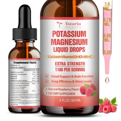 Potassium Magnesium Supplement Liquid Drops - Vitamin K 2 Potassium Supplement Complex Magnesium Glycinate Liquid Citrate Oil High Absorption Potasio Support Bone, Muscle, Leg Cramps, Immune Support